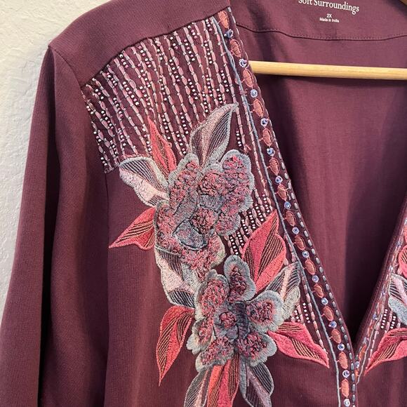Soft Surroundings Playa Embroidered Jacket 2X Floral Beaded Open Cardigan - Picture 4 of 15